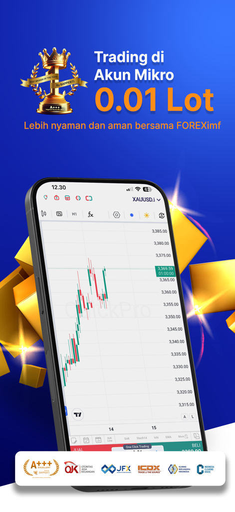QuickPro mobile app interface displaying a gold trading candlestick chart and regulatory trust badges