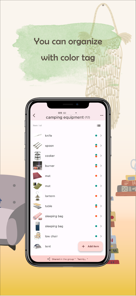 monoca 2 - Collection Manager - A list of camping equipment items organized with green and orange color tags in the monoca 2 app.