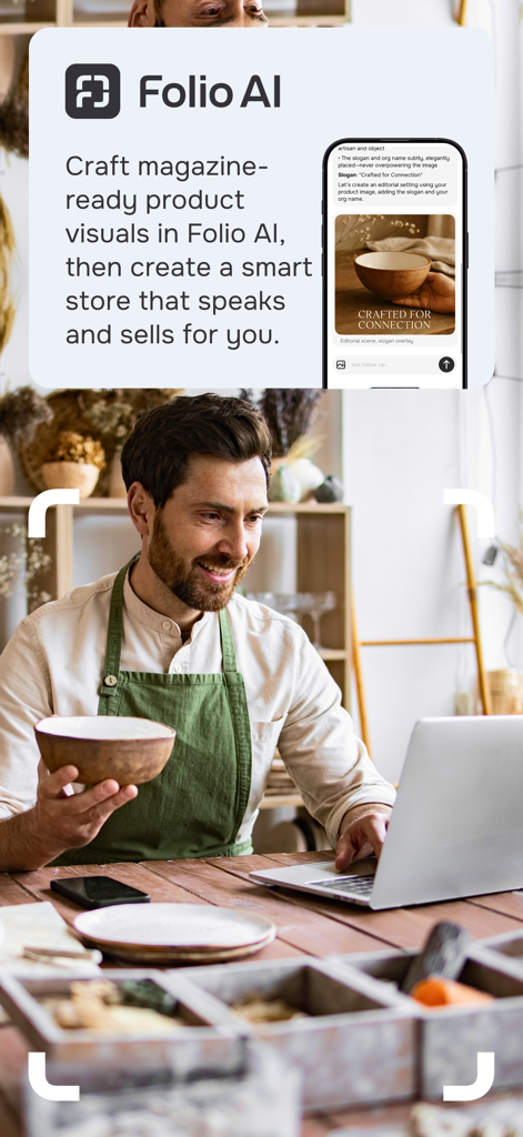 Folio AI - An artisan using a laptop to create a smart product catalog with the Folio AI app