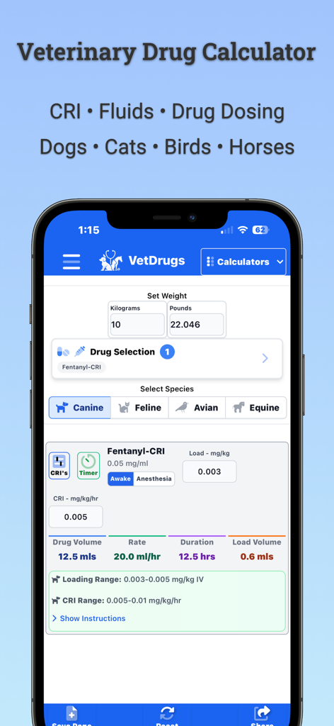 VetDrugs Veterinary Calculator - Interfaccia dell'app VetDrugs che mostra un calcolo CRI di Fentanil per cani con dettagli su dosaggio e velocità.