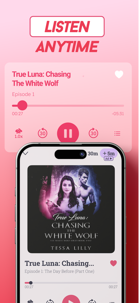 Lovella: Novels & Audiobooks - Lovella app audiobook player showing a werewolf romance story titled True Luna