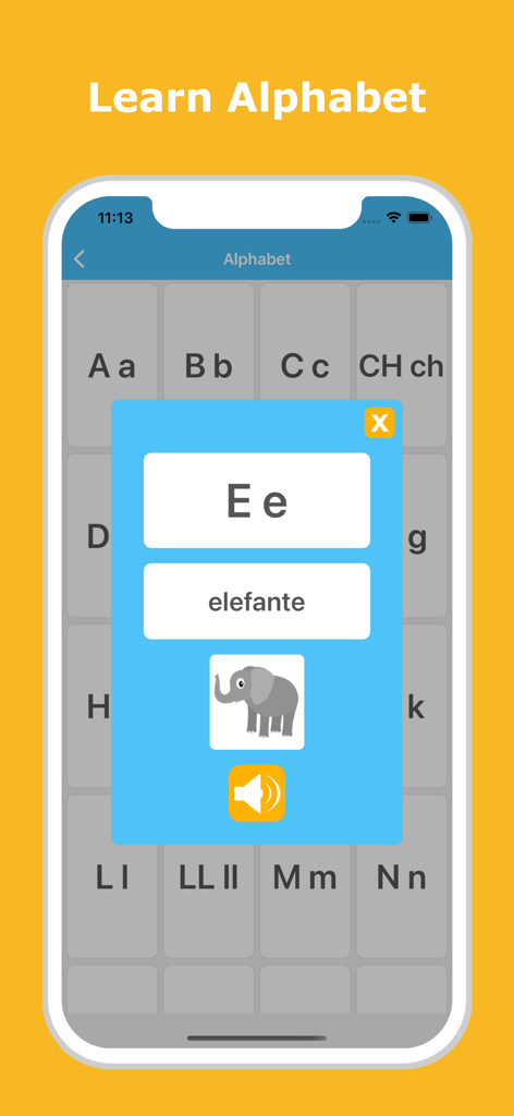 スペイン語のアルファベット文字と、文字「E」のポップアップカード、象のイラストを表示しているモバイルアプリのインターフェース