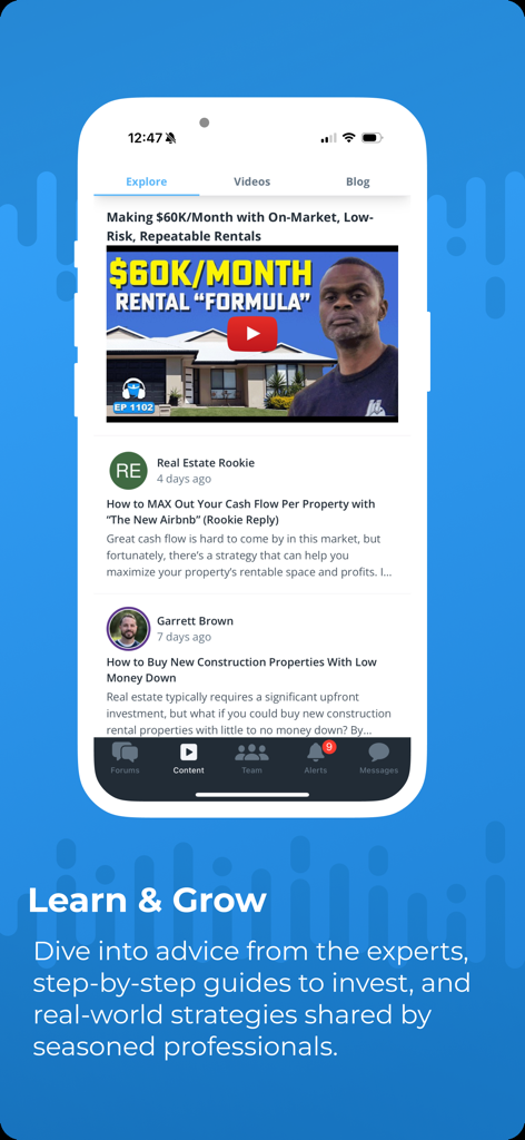 BiggerPockets - BiggerPockets mobile app interface showing real estate investing articles and video content