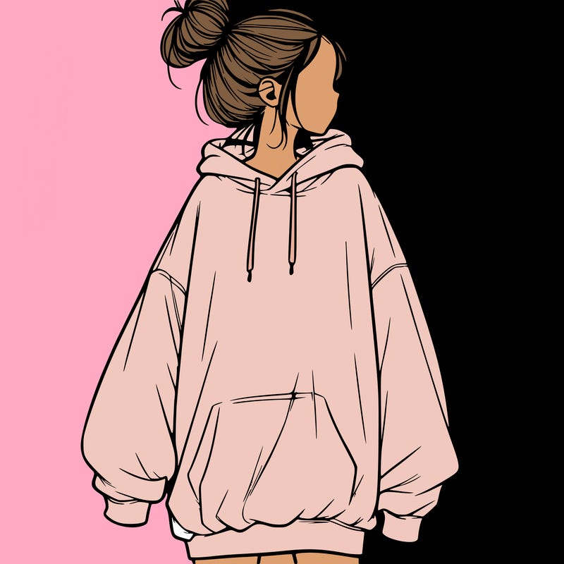 realistic girl with a oversized sweatshirt on and a bun