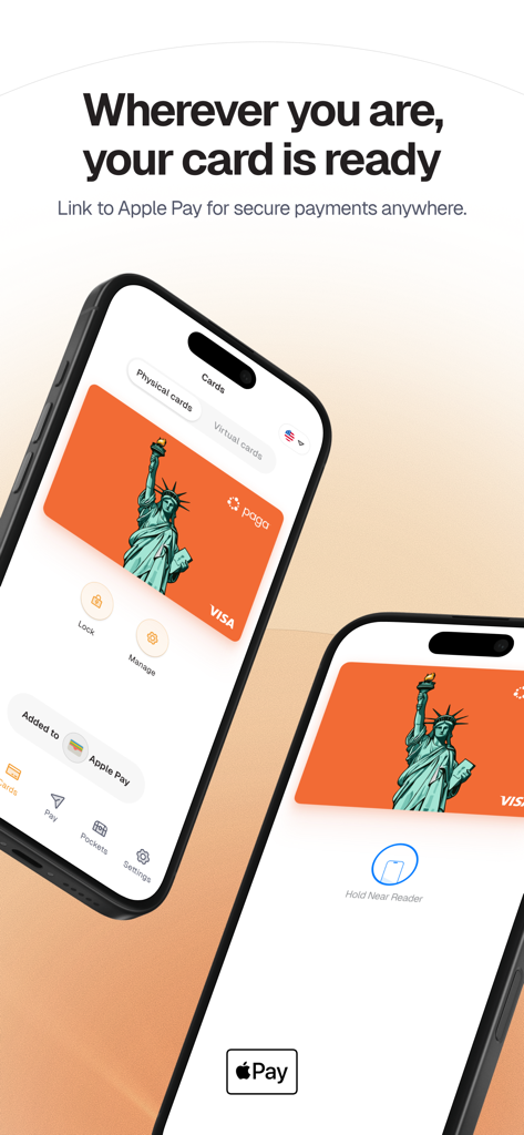 Paga app displaying a Visa debit card with a Statue of Liberty design and Apple Pay integration for secure payments