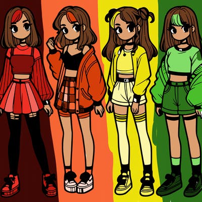 one girl with crop-top shirt and a jacket with a skirt, long socks and another girl with a shirt and pants with a jacket