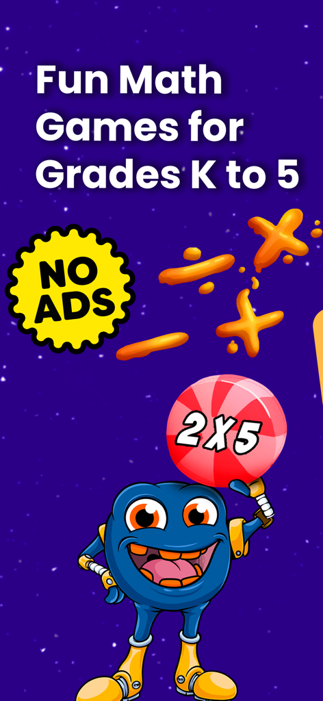 Math Facts Fun Practice Games - Juegos matemáticos divertidos para los grados K a 5 con un personaje de monstruo azul con un caramelo de multiplicación
