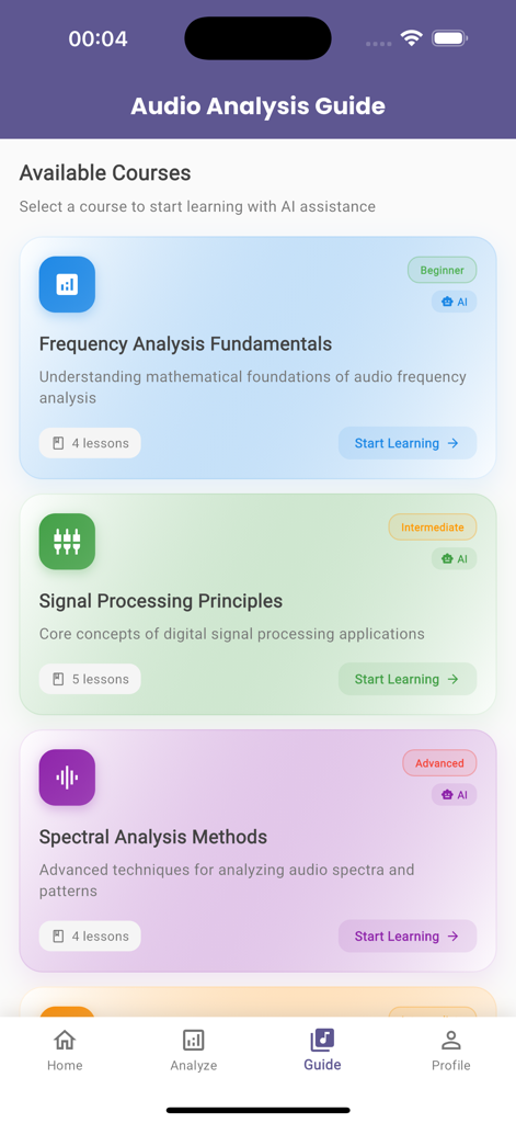 Écran de l'application Earo montrant une liste de cours d'analyse audio alimentés par l'IA, y compris l'analyse de fréquence et le traitement du signal.