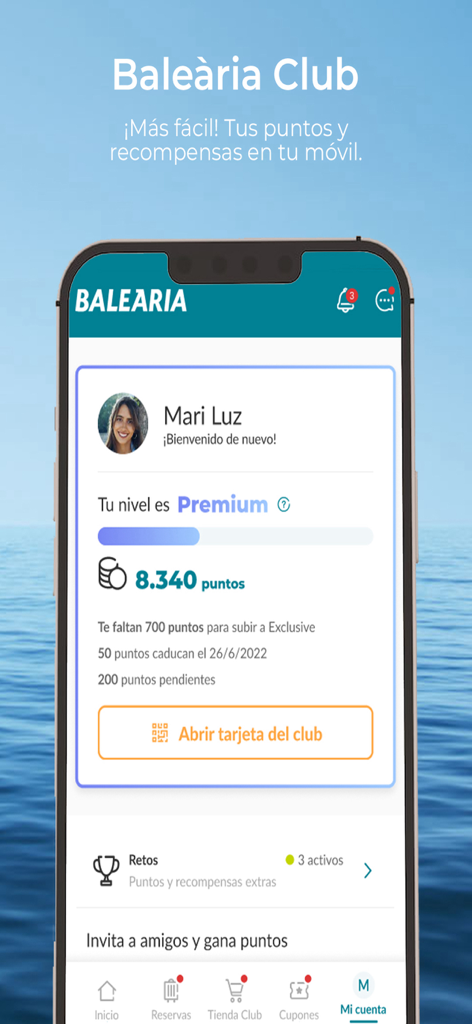 BALEÀRIA: Travel by ferry - Schermata Baleària Club che visualizza i punti fedeltà dell'utente e il livello di appartenenza.