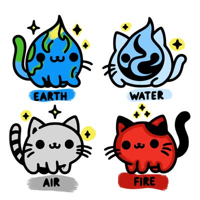 4 cats that represent the different elements, earth, water, air, and fire