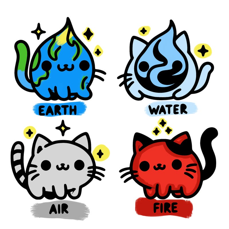 4 cats that represent the different elements, earth, water, air, and fire