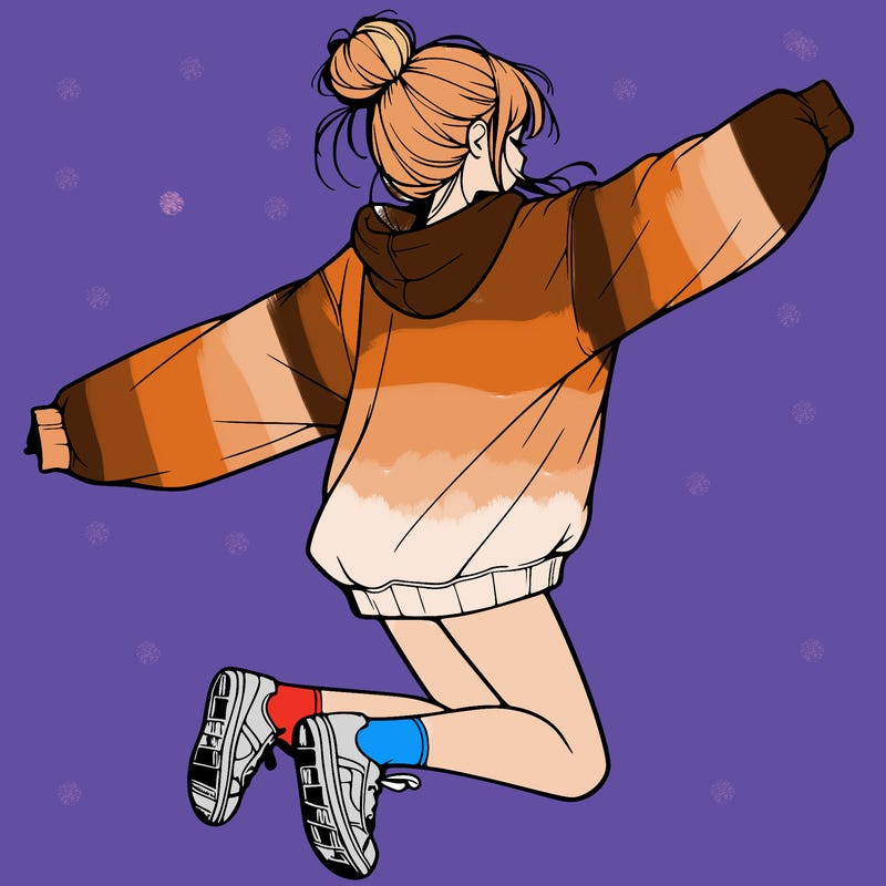realistic girl jumping with a bun and oversized sweatshirt