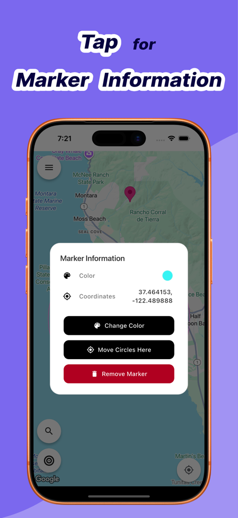 Radius Around Me - Marker Information popup showing GPS coordinates and customization options on a map in the Radius Around Me app