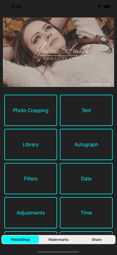 Easy Watermark:Add to Pic,Movi - Mobile app editor screen showing options for photo cropping text autograph and filters with a watermarked photo preview
