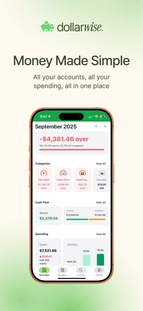 DollarWise app overview dashboard on iPhone showing spending categories and cash flow tracking