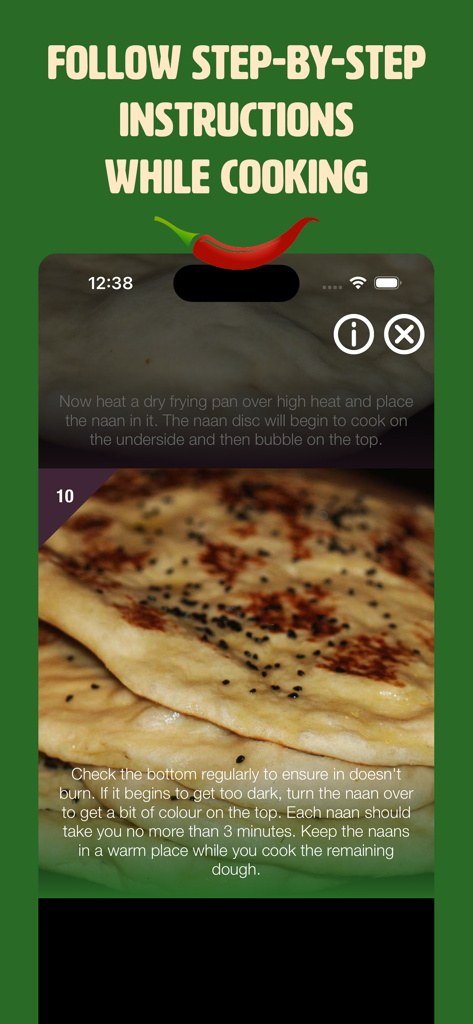 Step by step cooking instructions for making naan bread in the Curry Guy app