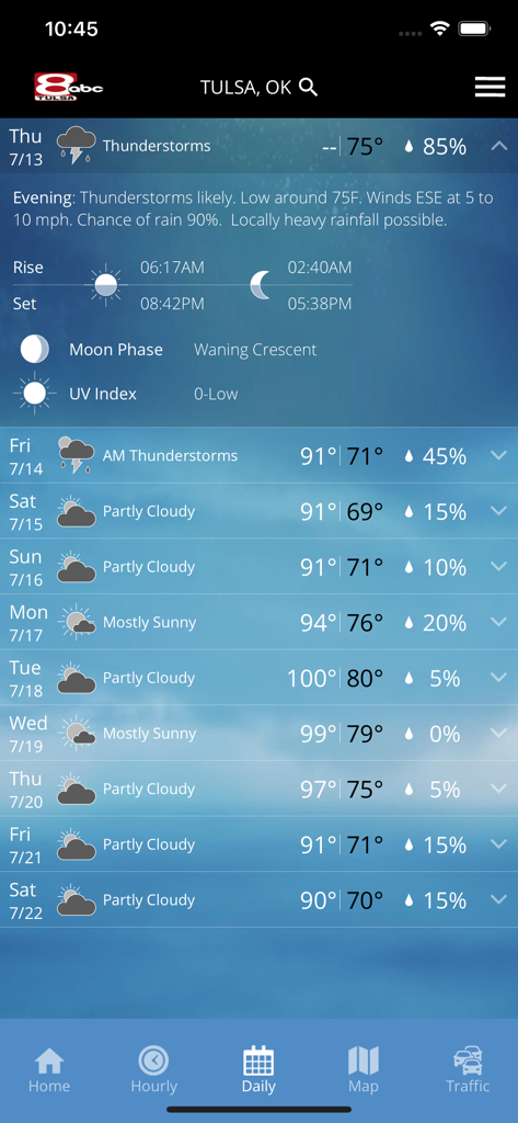 KTUL WX - KTUL WX mobile app screen displaying a 10-day daily weather forecast for Tulsa Oklahoma with temperature and precipitation details.