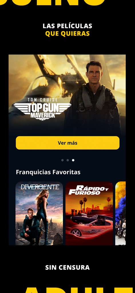 유니버설 플러스 앱 인터페이스에 스페인어로 된 블록버스터 영화 및 프랜차이즈가 표시됩니다.