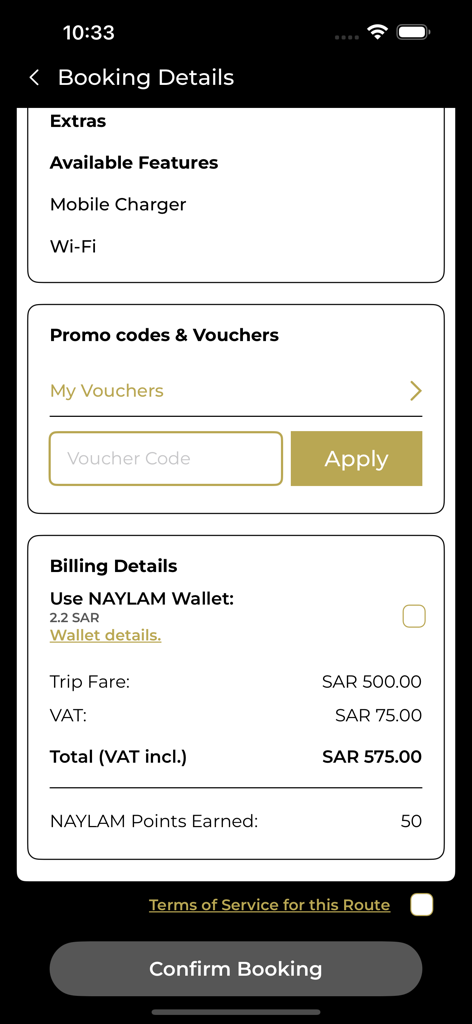 NAYLAM - Booking details screen of the Naylam app showing trip fare billing summary and confirm button
