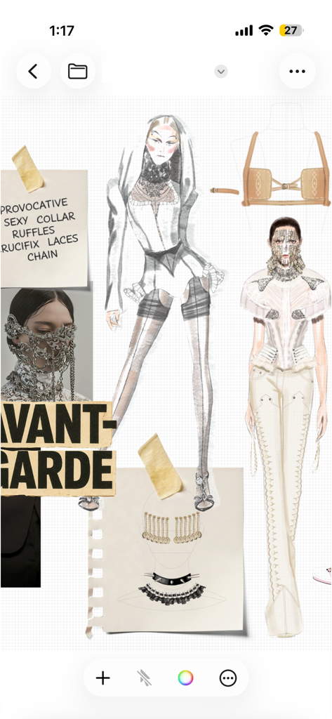 A digital mood board for fashion design featuring avant garde sketches and notes