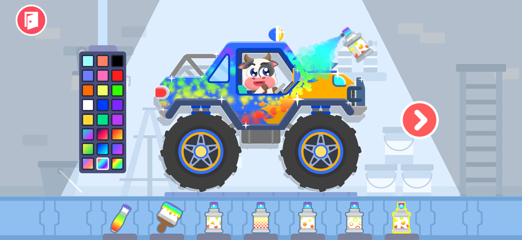 Car Wash Car Games for kids - Uma vaca de desenho animado dirigindo um caminhão monstro enquanto é pintada com spray com padrões coloridos em um jogo de lavagem de carros.