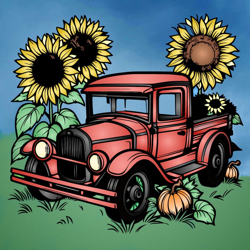 old truck and sunflowers