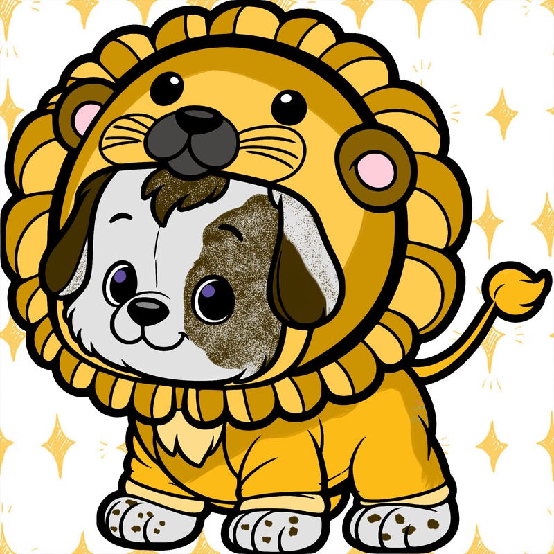 puppy wearing a lion suit