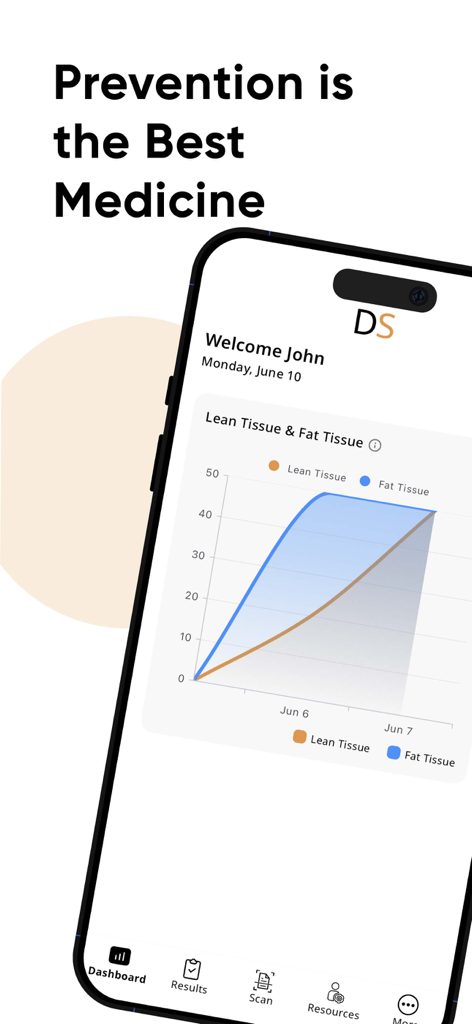 Interface do aplicativo DexaScan exibindo um gráfico de métricas de tecido magro e tecido adiposo