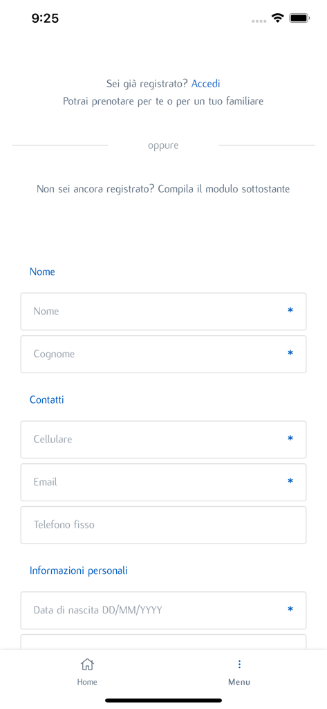 Modulo di registrazione nell'app My IEO per le informazioni personali e i dettagli di contatto del paziente