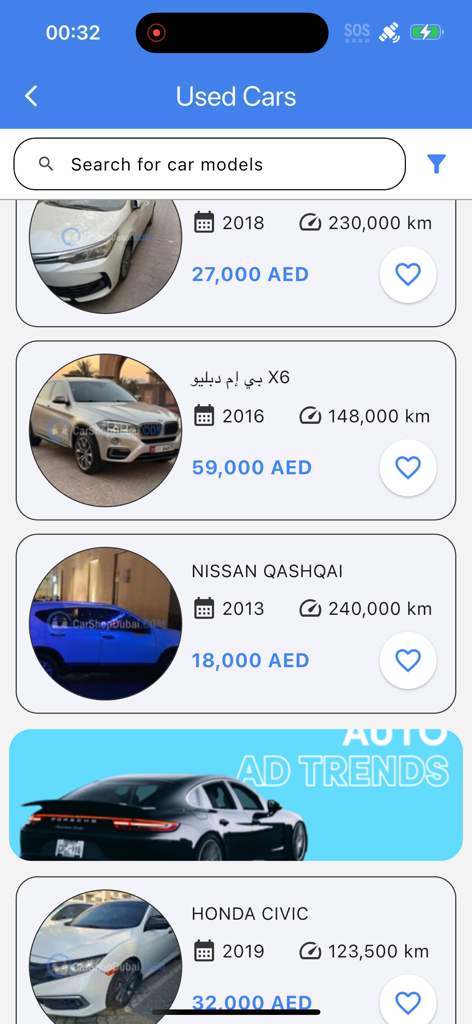 Car Shop Dubai - Car Shop Dubai app interface showing search results for used cars with prices and mileage
