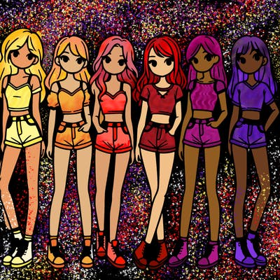 a group of girls wearing crop tops and shorts