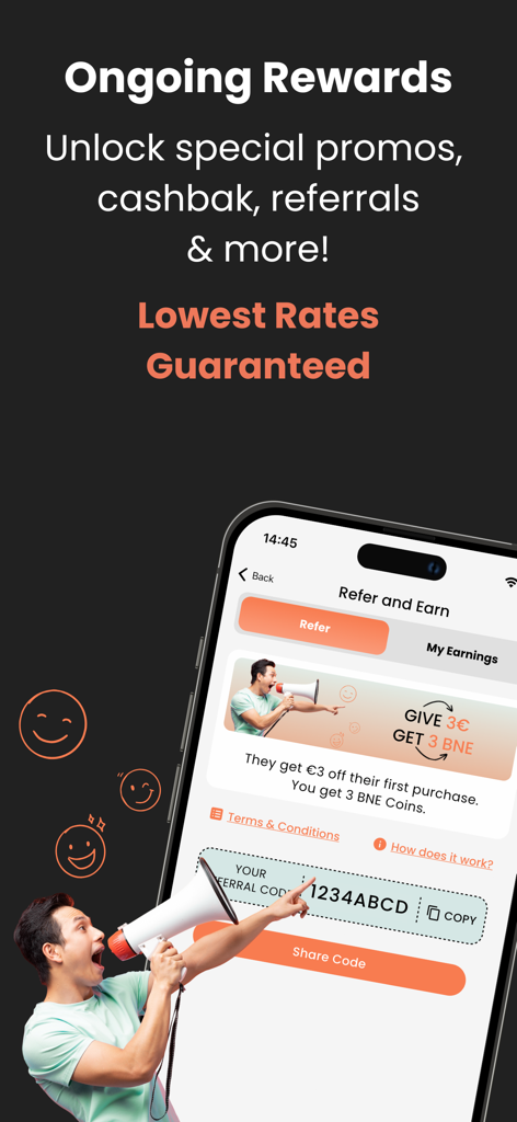 BNESIM: 5G eSIM Data profiles - Écran Parrainez et gagnez de l'application BNESIM montrant les bonus de parrainage et les récompenses en cours.