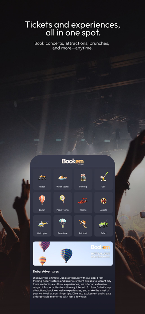 Bookem Dubai - Mobile app interface of Bookem Dubai displaying various luxury experiences and travel activities for booking.