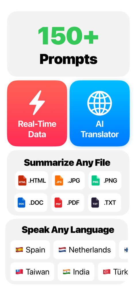 Infografía que muestra las características de ChatASK, incluyendo más de 150 indicaciones, datos en tiempo real, traductor de IA, resumen de archivos y soporte multilingüe.