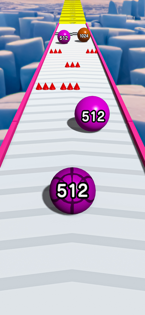 Ball Run :number master 2048 - Un juego de corredor de bolas 3D con bolas púrpuras numeradas en una pista con obstáculos