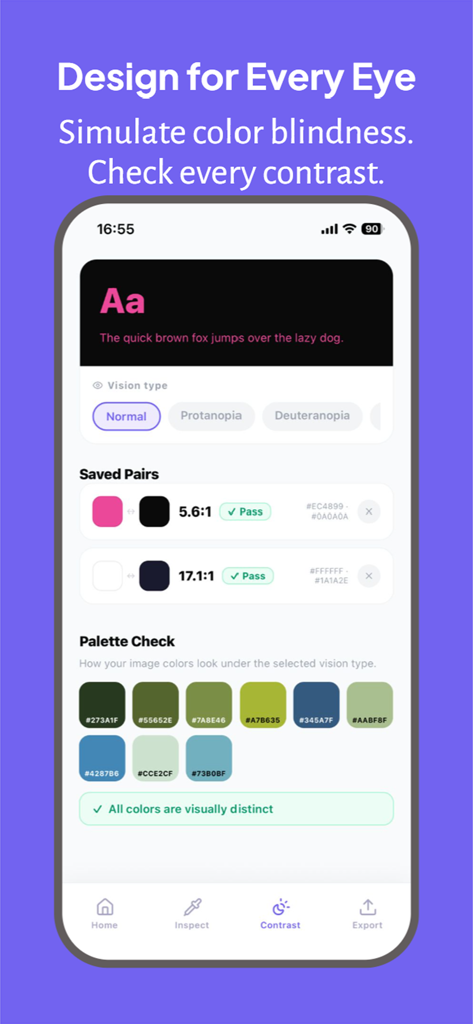 ColorAudit: Palette Extractor - Écran de l'application ColorAudit montrant les résultats des rapports de contraste WCAG et les types de vision daltonienne pour une conception inclusive.