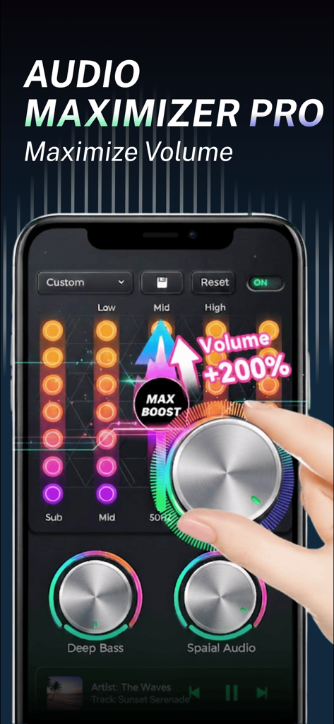 L'interface de l'application PowerAmp montrant un amplificateur de volume à 200 % et les commandes de l'égaliseur audio