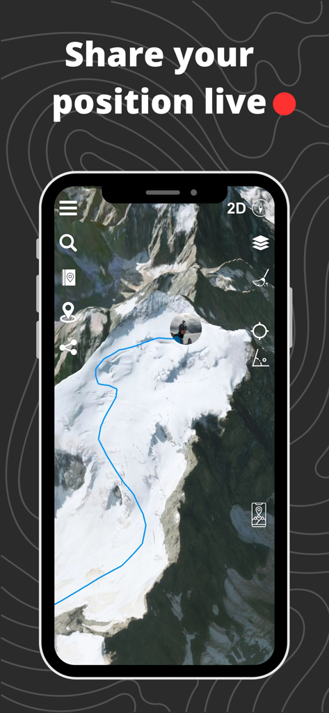 Relief Maps app interface showing a 3D mountain terrain with a blue route path and a live position indicator.