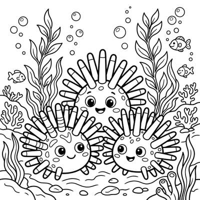 Discover a charming underwater world filled with friendly pencil urchins, ready for a splash of color. This delightful coloring page is perfect for kids to explore marine life and boost their creativity.