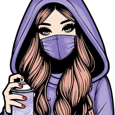 girl wearing a mask with long hair with her hood up spray-painting realistic