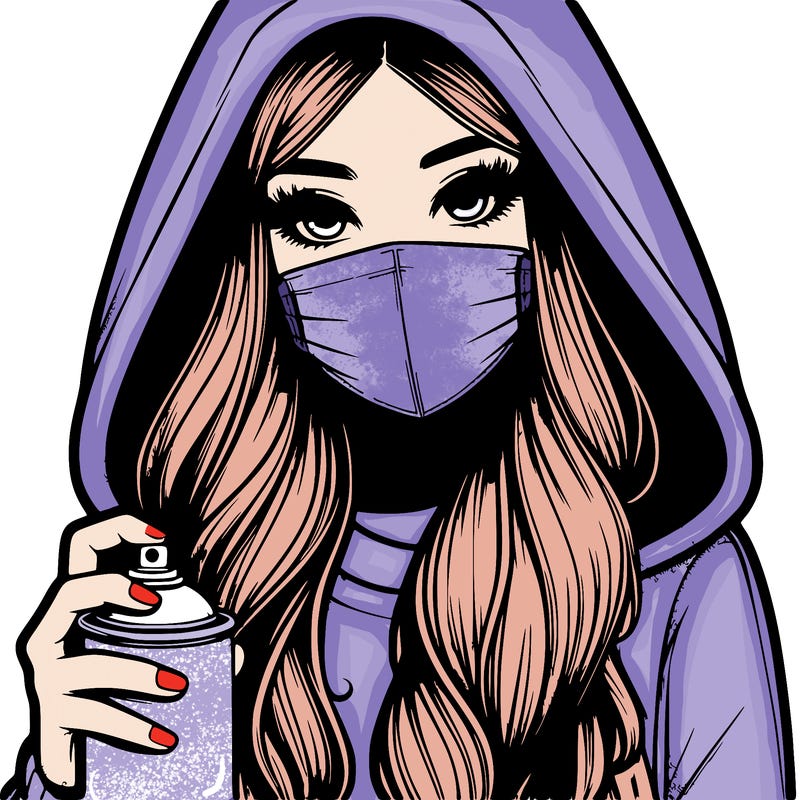 girl wearing a mask with long hair with her hood up spray-painting realistic
