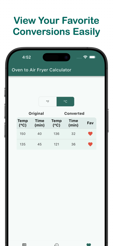Oven to Air Fryer Calculator - モバイルアプリのインターフェース。元の温度と変換された温度、および時間を含む、お気に入りのオーブンからエアフライヤーへの調理変換のリストが表示されています。
