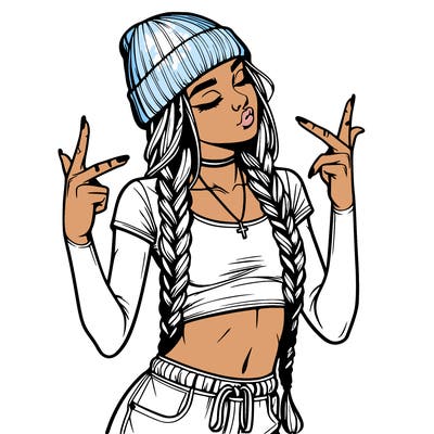realistic teenage girl with braids and a beanie and crop top doing 🫶🏼