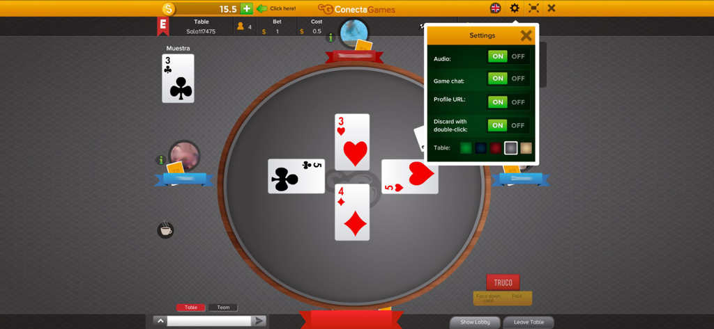 Tela de jogo do Truco Paulista e Mineiro mostrando a mesa de cartas e o menu de configurações