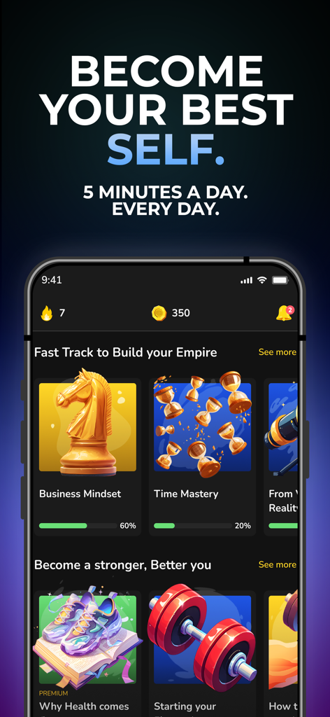 Legacy Academy - Legacy Academyアプリのインターフェース、ビジネスのマインドセットと時間管理のゲーミフィケーションされた学習モジュールと進捗状況追跡を表示