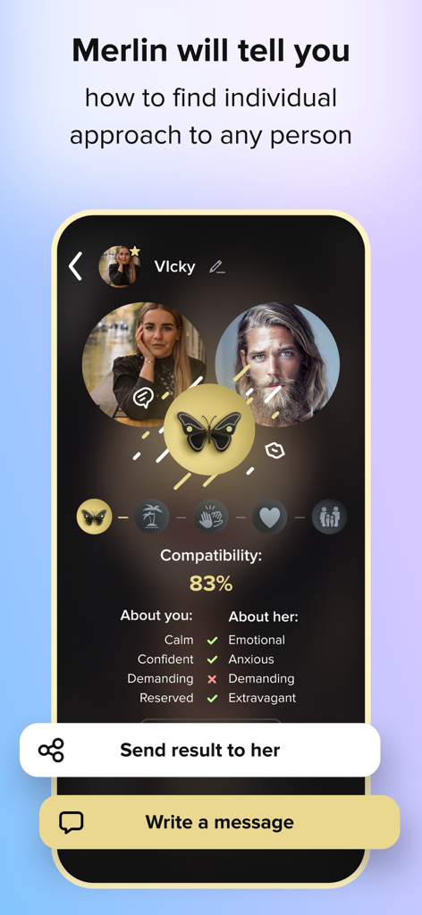 Merlin Dating app interface showing an 83 percent compatibility score and personality trait analysis between two profiles