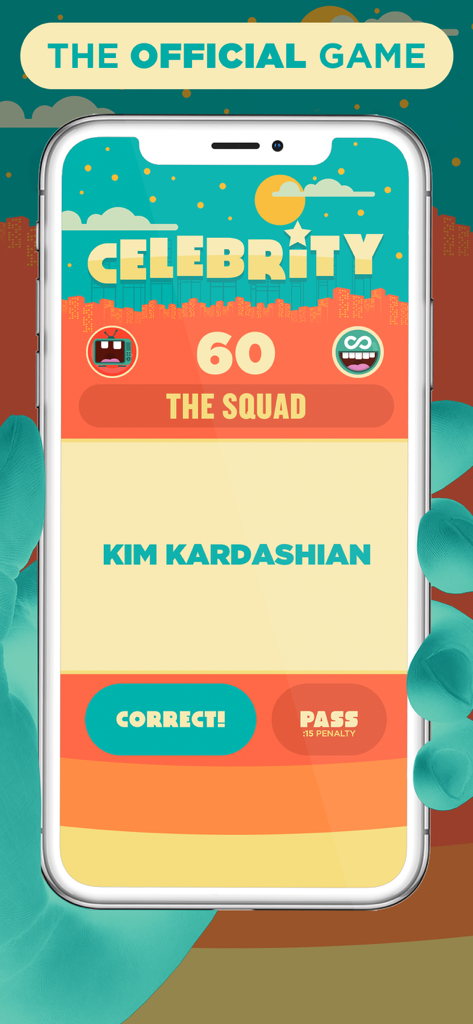 A gameplay screen of Celebrity Party Game showing a celebrity name card and timer