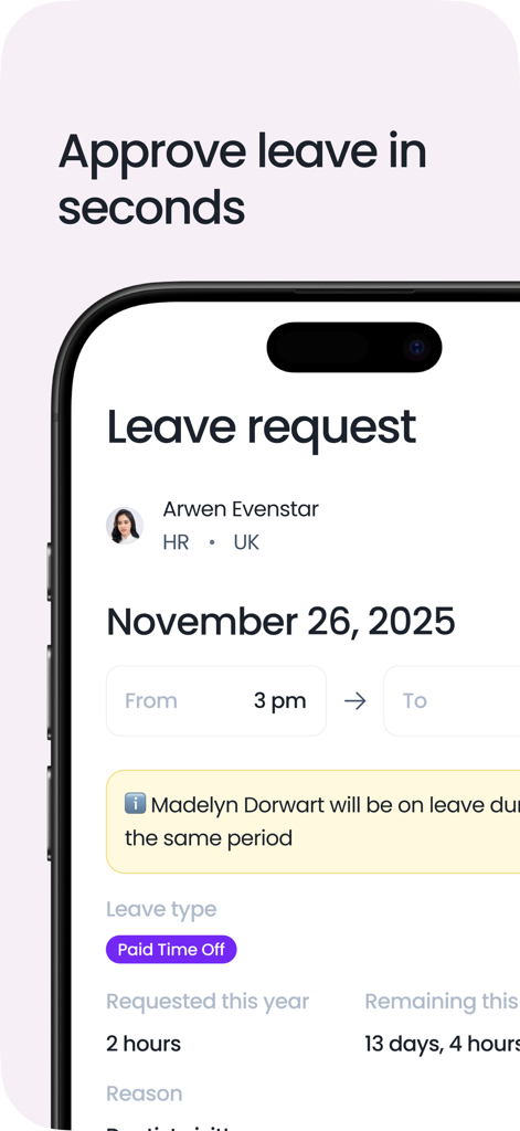 Vacation Tracker: PTO & Leave - Mobile phone screen showing a leave request in the Vacation Tracker app with the text Approve leave in seconds.