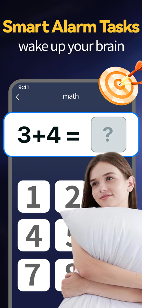 Smart Alarm Clock-Focus&Sleep - Smart Alarm Clock app interface showing a math puzzle task to wake up your brain