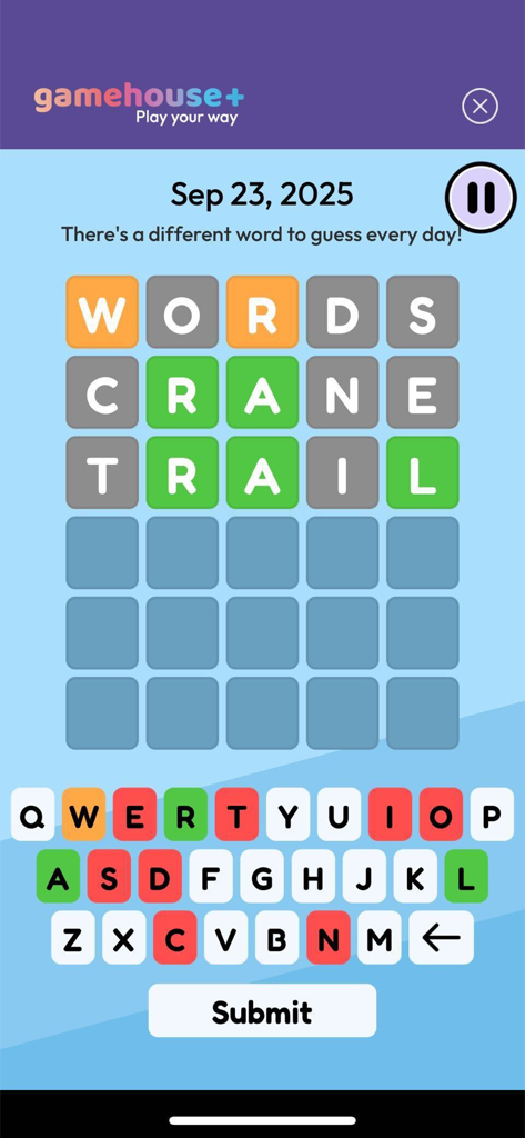 Daily word guessing puzzle interface in the GameHouse Plus mobile app